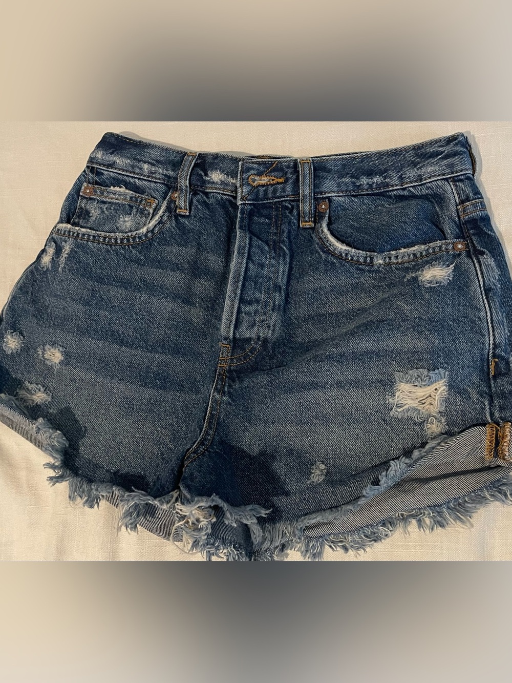 Free People Medium Blue Distressed Denim Cutoff Shorts